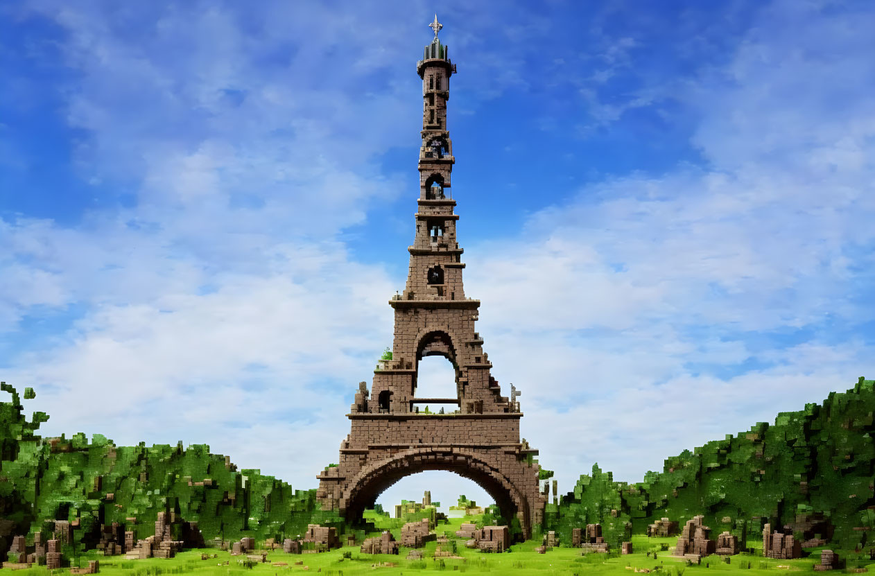 Digitally manipulated image of Eiffel Tower with exaggerated archway in lush green landscape