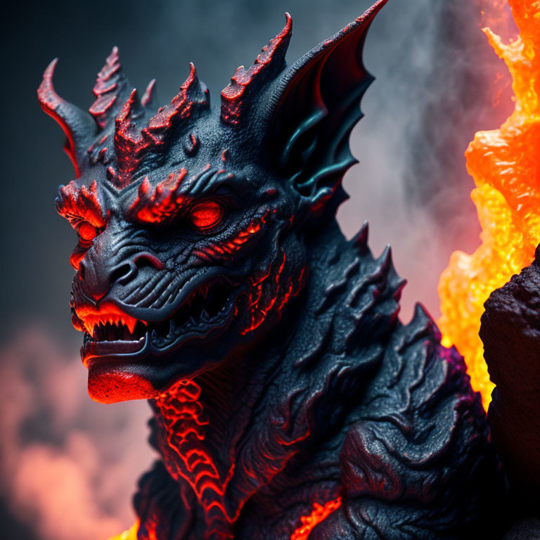 Detailed Dragon Sculpture with Glowing Red Eyes in Fiery Environment