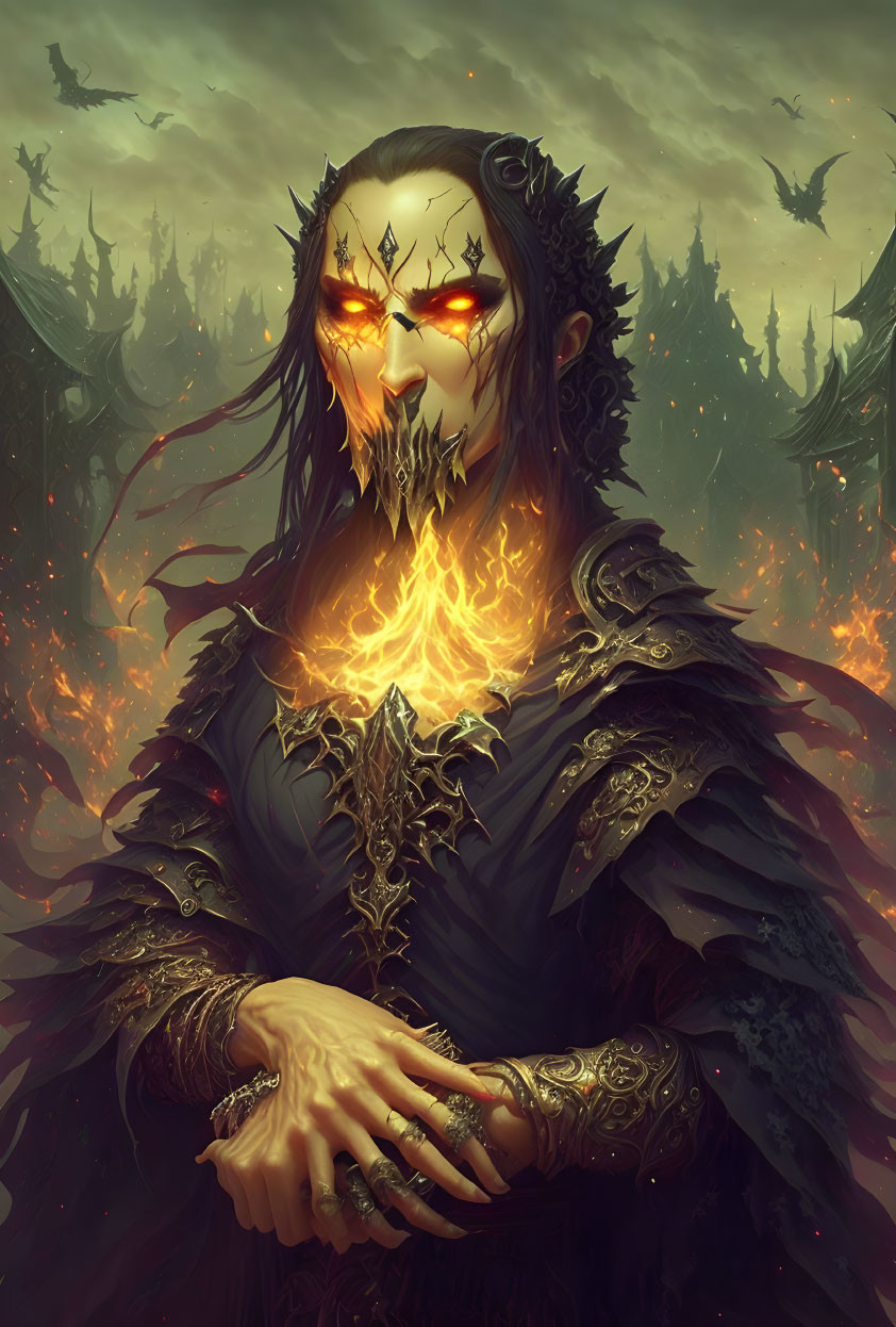 Mysterious figure with red eyes and flaming beard in dark armor on fiery landscape.