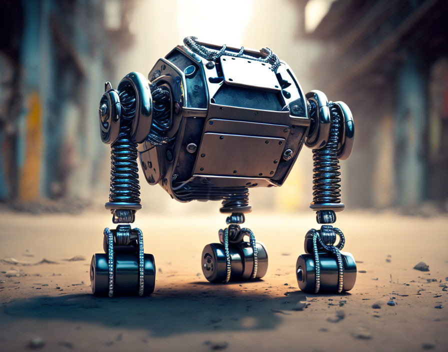 Futuristic robot with bulky armored torso on spring-loaded legs in alleyway