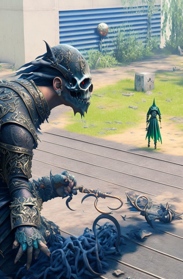 Armored figure with skull helmet and clawed gauntlets on wooden deck with dead creatures and chains