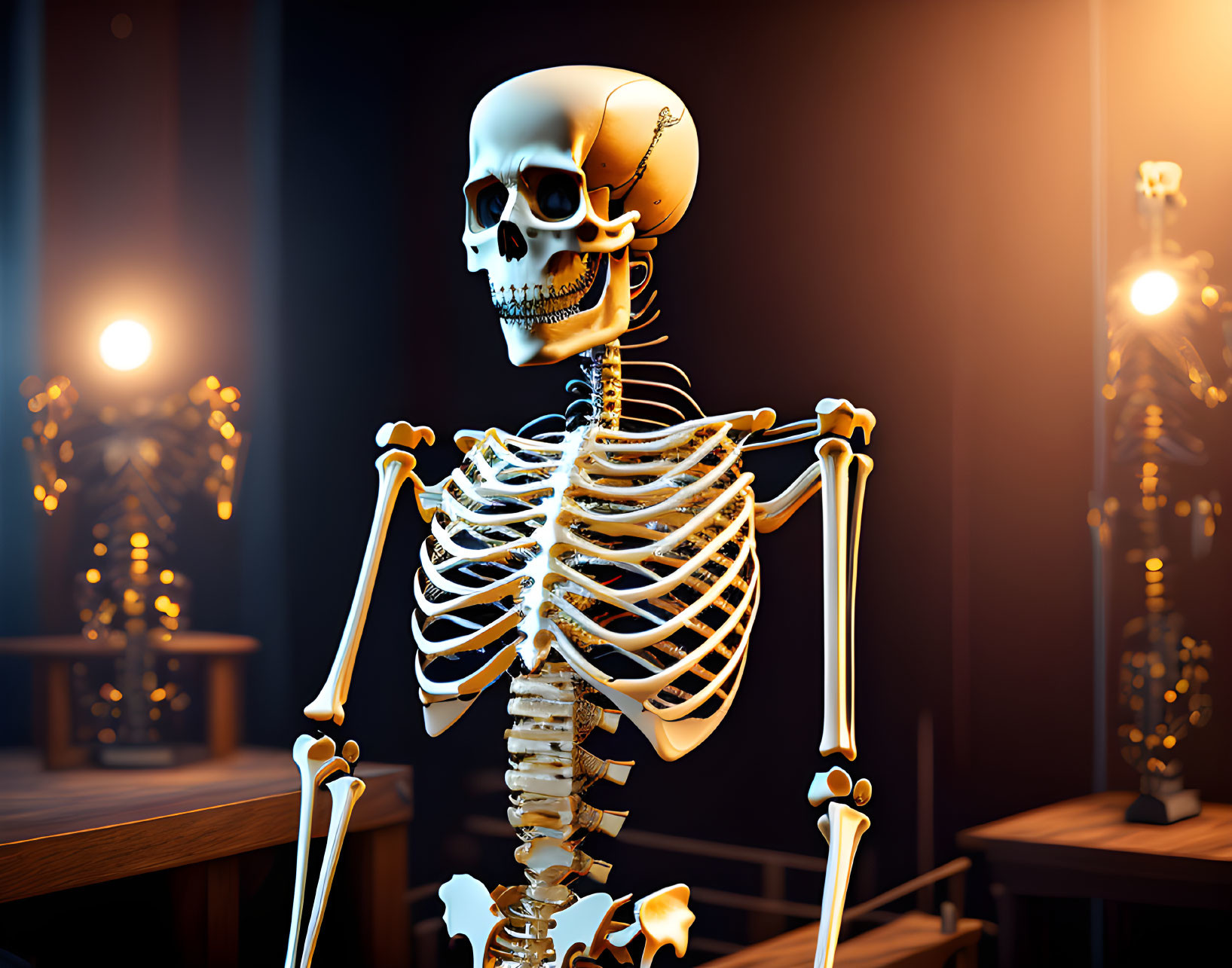 Detailed 3D rendering of human skeleton in dimly lit room