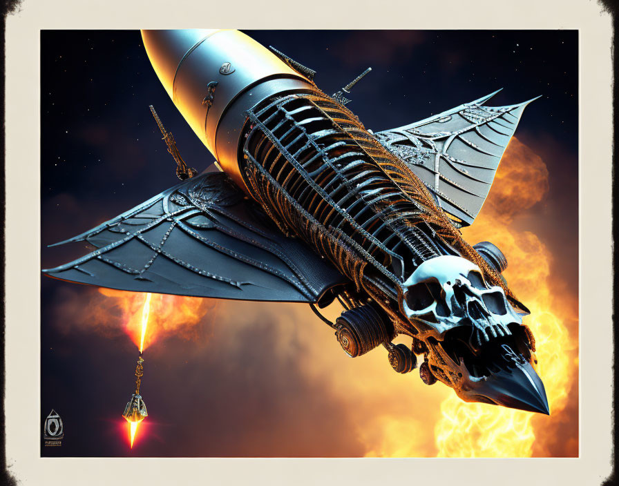 Gothic-style spaceship with skull wings firing red beam in space.