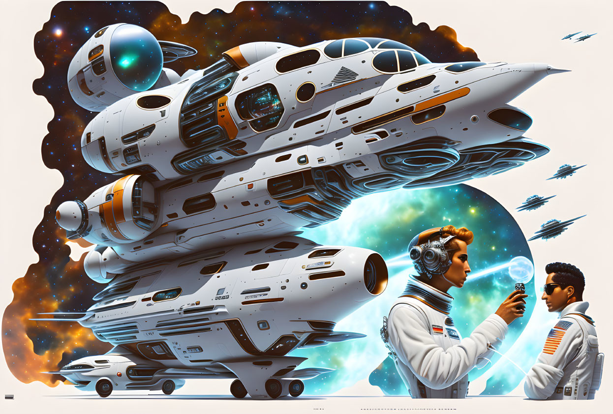 Retro-futuristic astronaut poster with detailed spaceship in cosmic setting