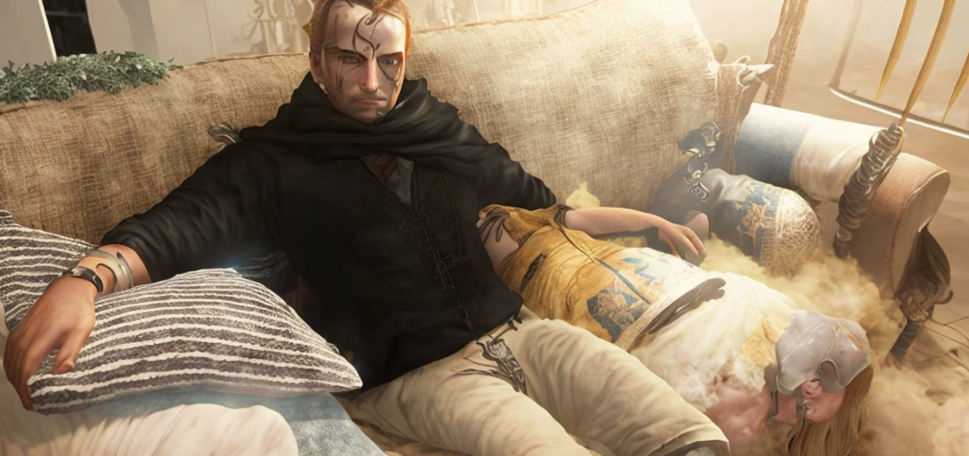 Masked man with face paint on couch in ornate fantasy setting