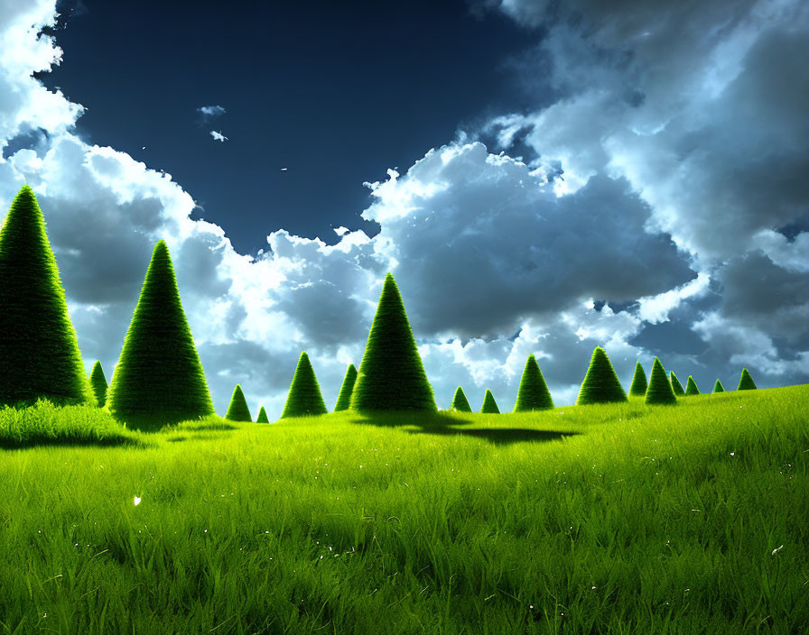 Vibrant green field under blue sky with fluffy clouds and conical trees