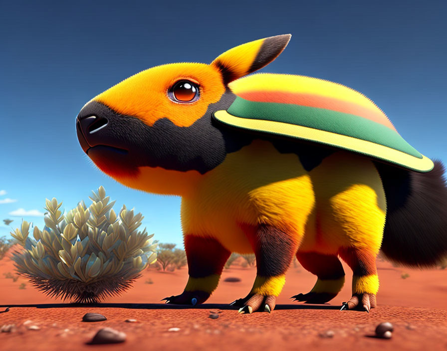 Colorful stylized creature in desert landscape under blue sky