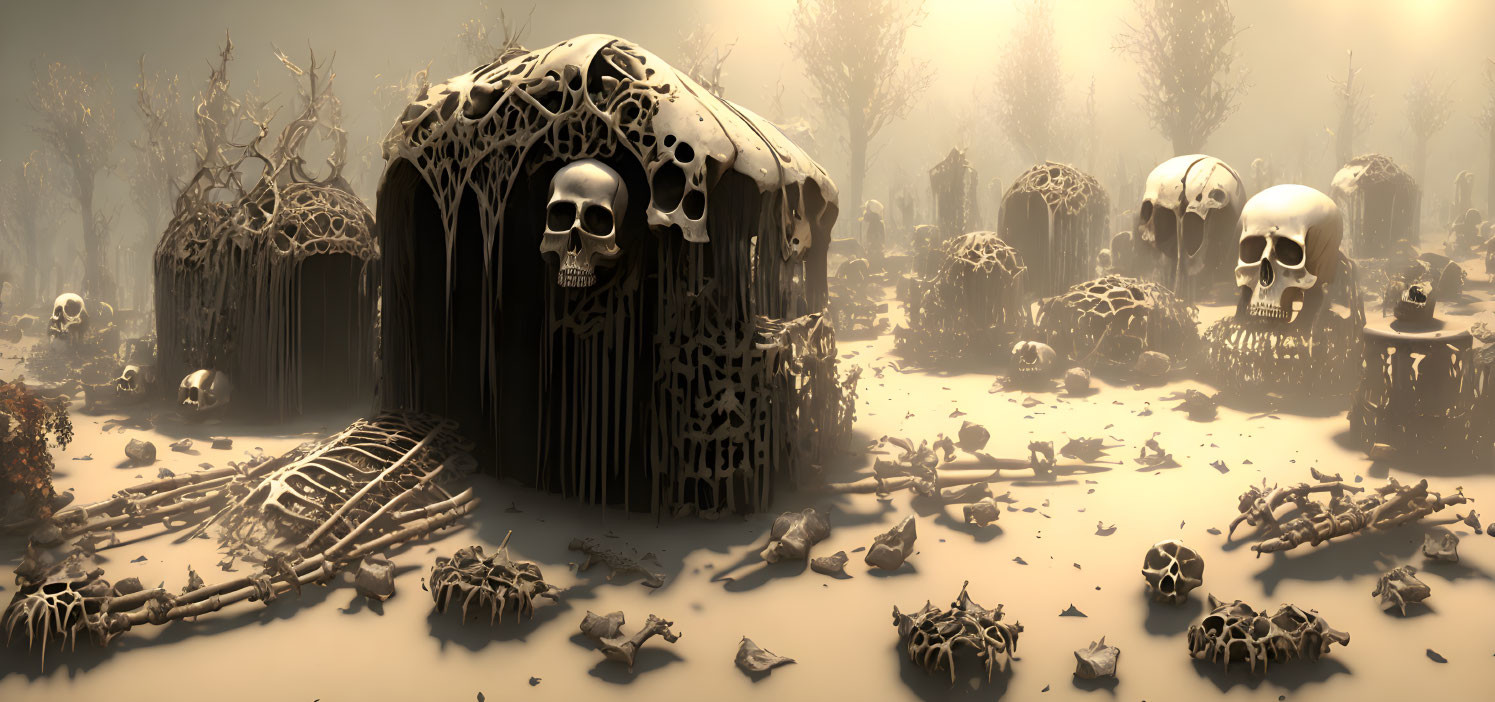 Eerie Panoramic Landscape with Skull-Adorned Huts and Graveyard