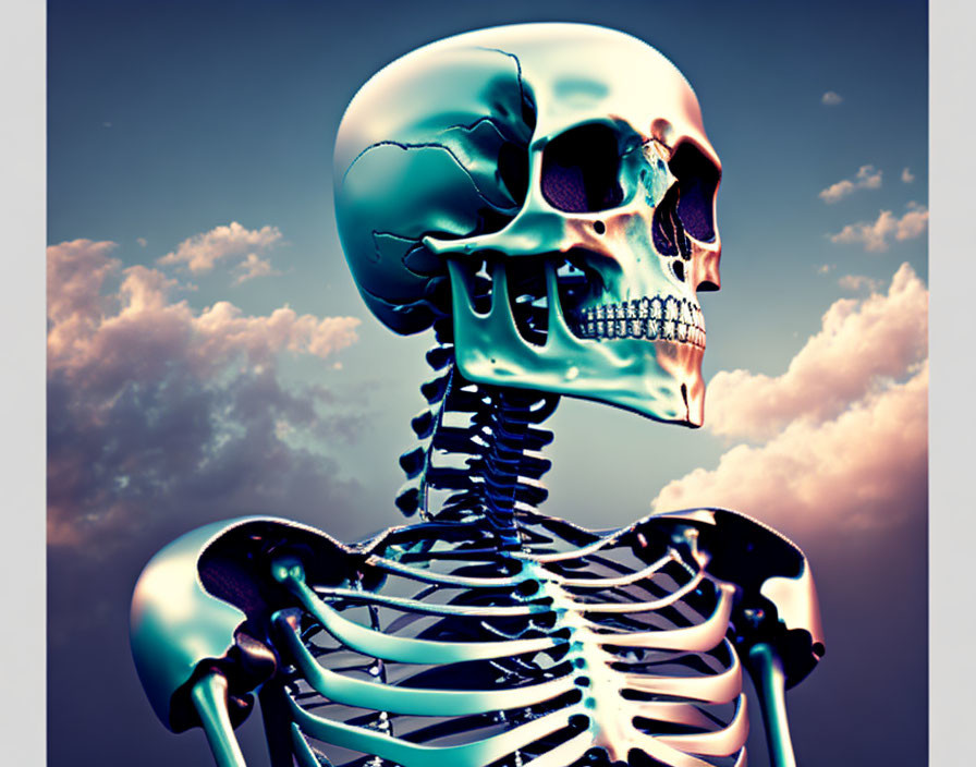 Detailed 3D rendering of human skeleton against moody sky with half-skull, jaw, and