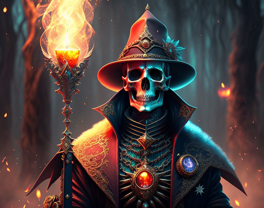 Skeleton mage with flaming staff in mystical forest setting