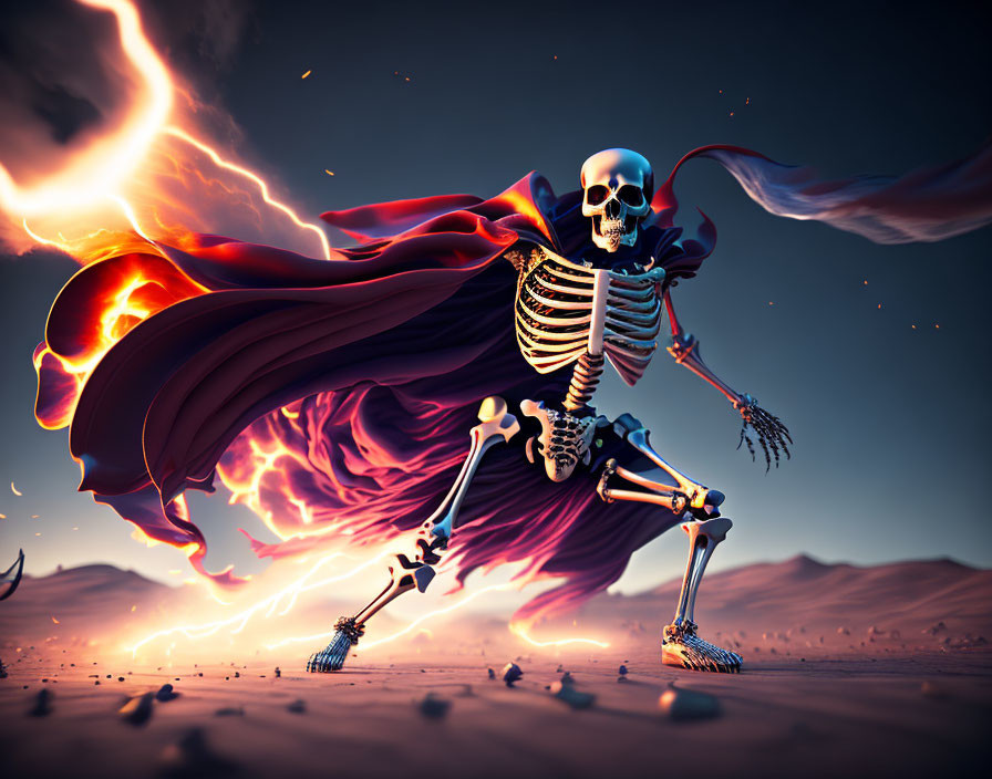 Skeleton Running in Desert with Red Cape and Flames - 3D Illustration