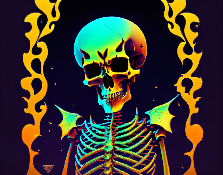 Vibrant human skull and skeleton with abstract patterns on dark backdrop