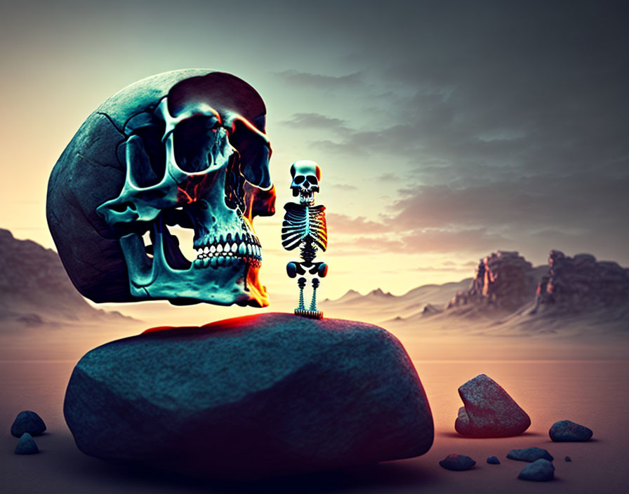 Surreal desert scene with human skeleton holding skull