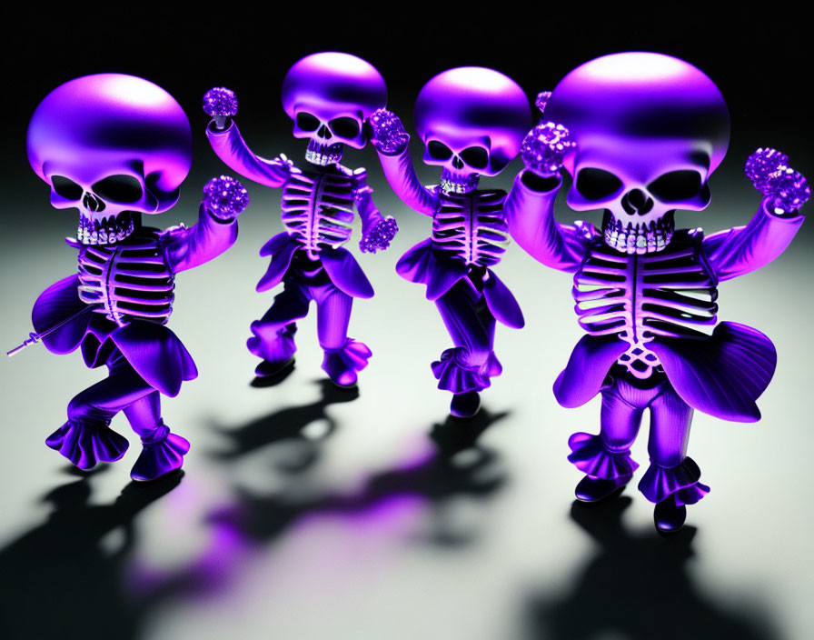 Four Glowing Purple Skeletons Dancing on Dark Background