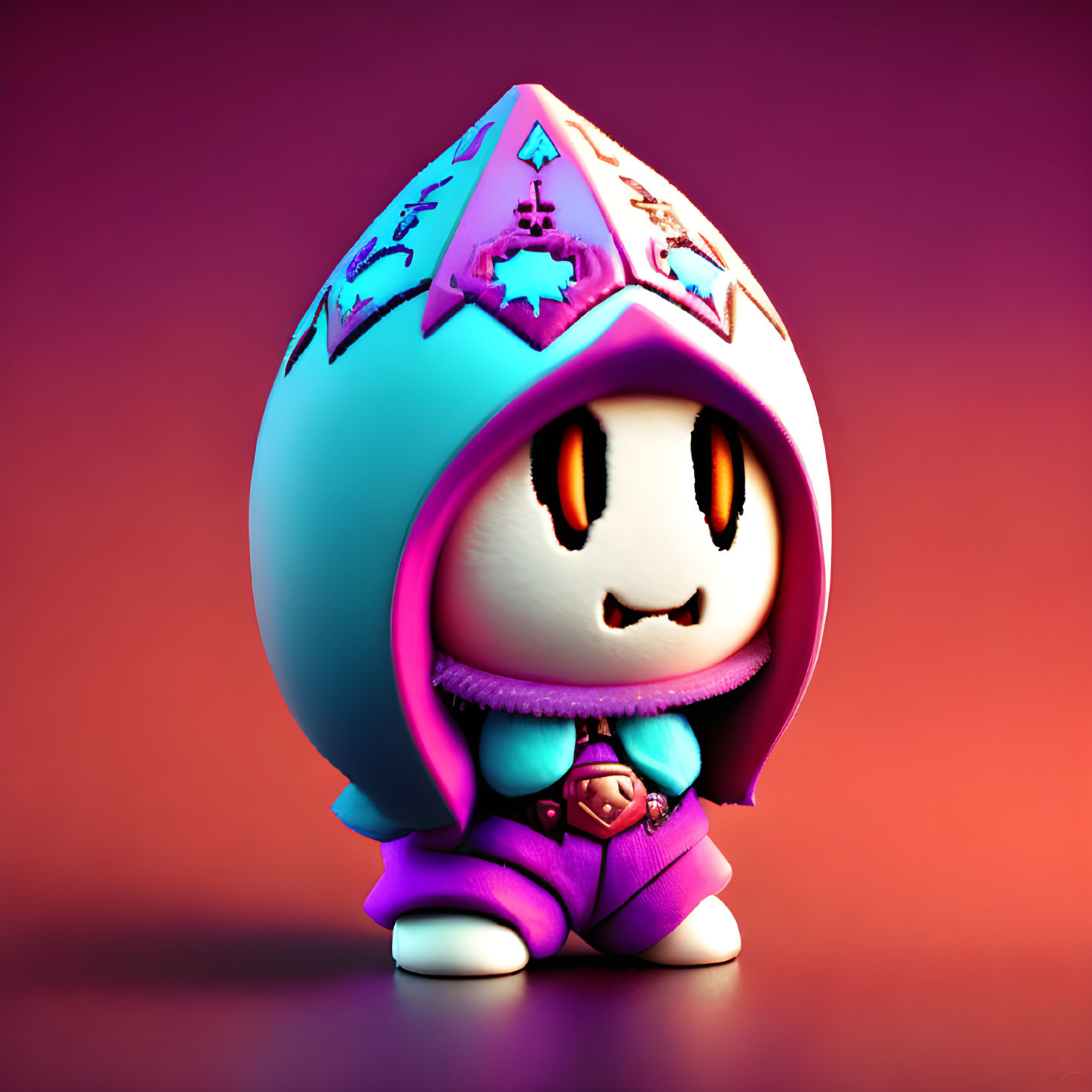 Colorful 3D illustration: Cute hooded character with star motifs and orange eyes on red backdrop