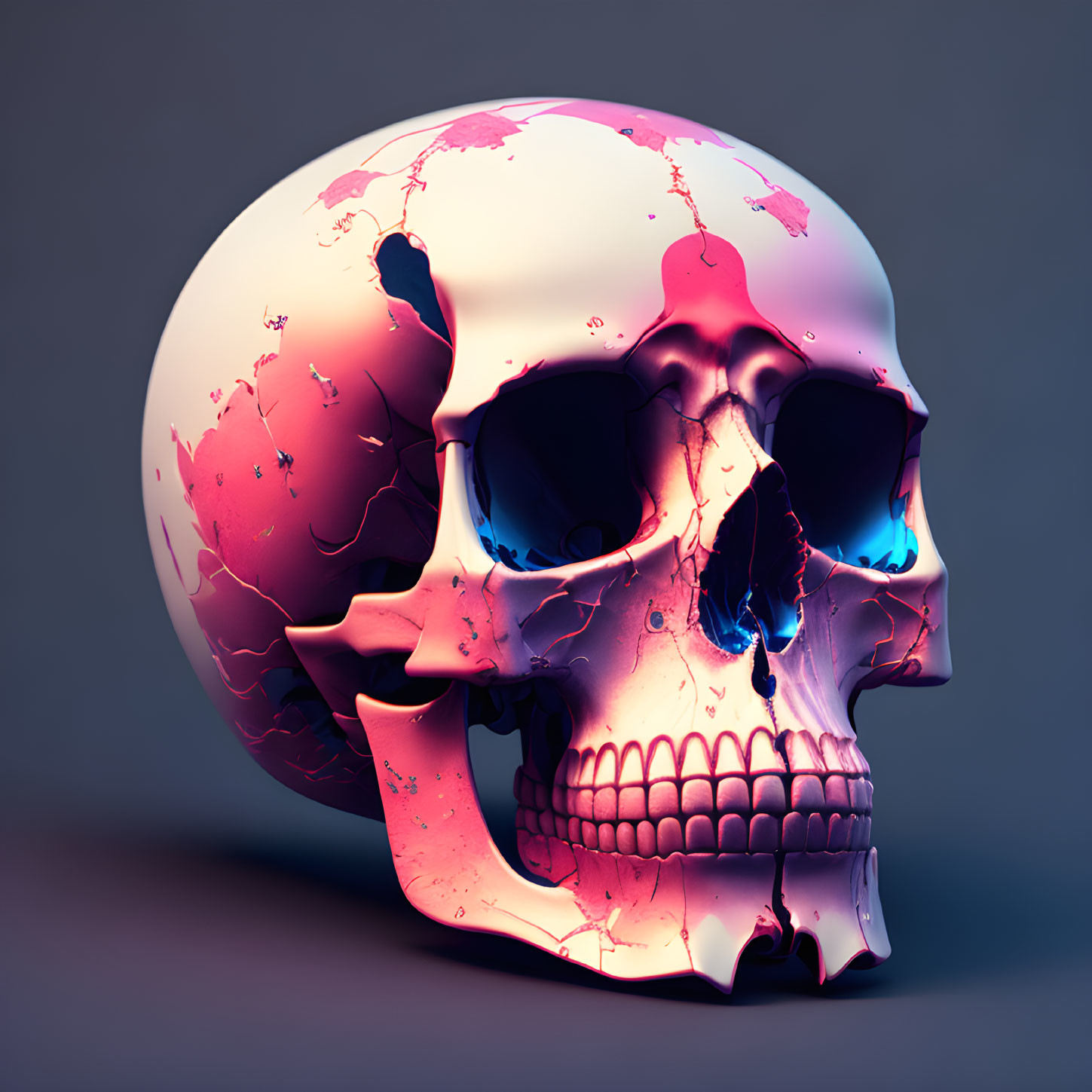 3D-rendered human skull with glossy pink and white surface on muted background