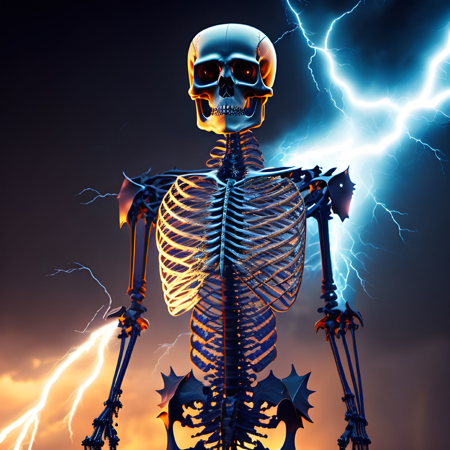 Golden Skull on Blue Skeleton with Wing-Like Bones and Lightning Strikes