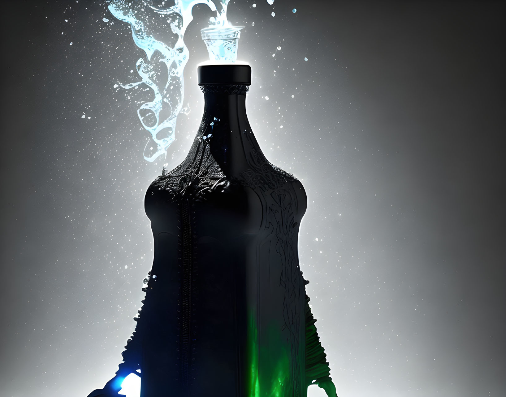 Dark Bottle with Green Luminescent Liquid on Grey Background