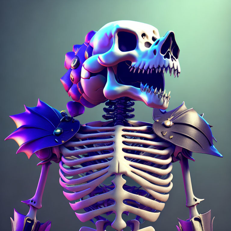 Stylized 3D Skeleton with Spring Neck and Bat-like Wings on Purple Gradient Background