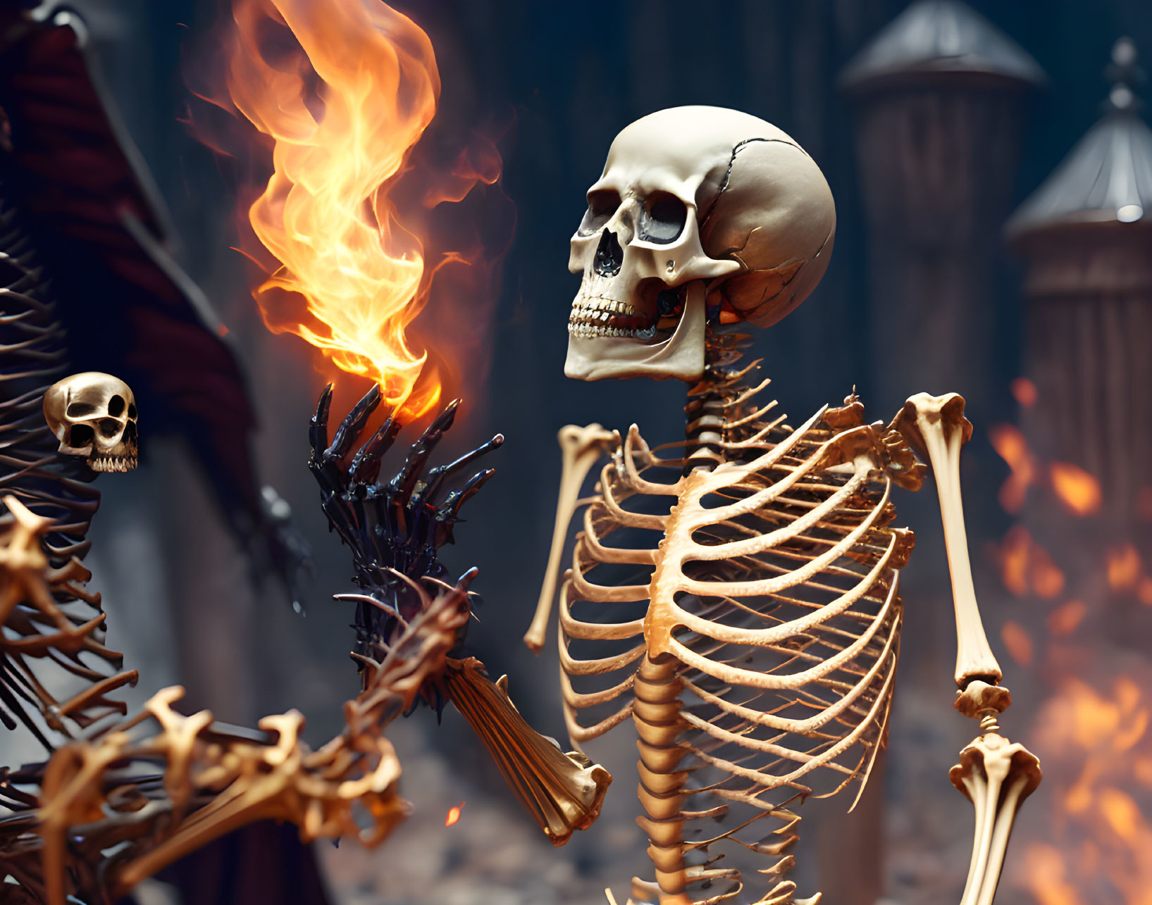 Flaming skull human skeleton in eerie dark setting