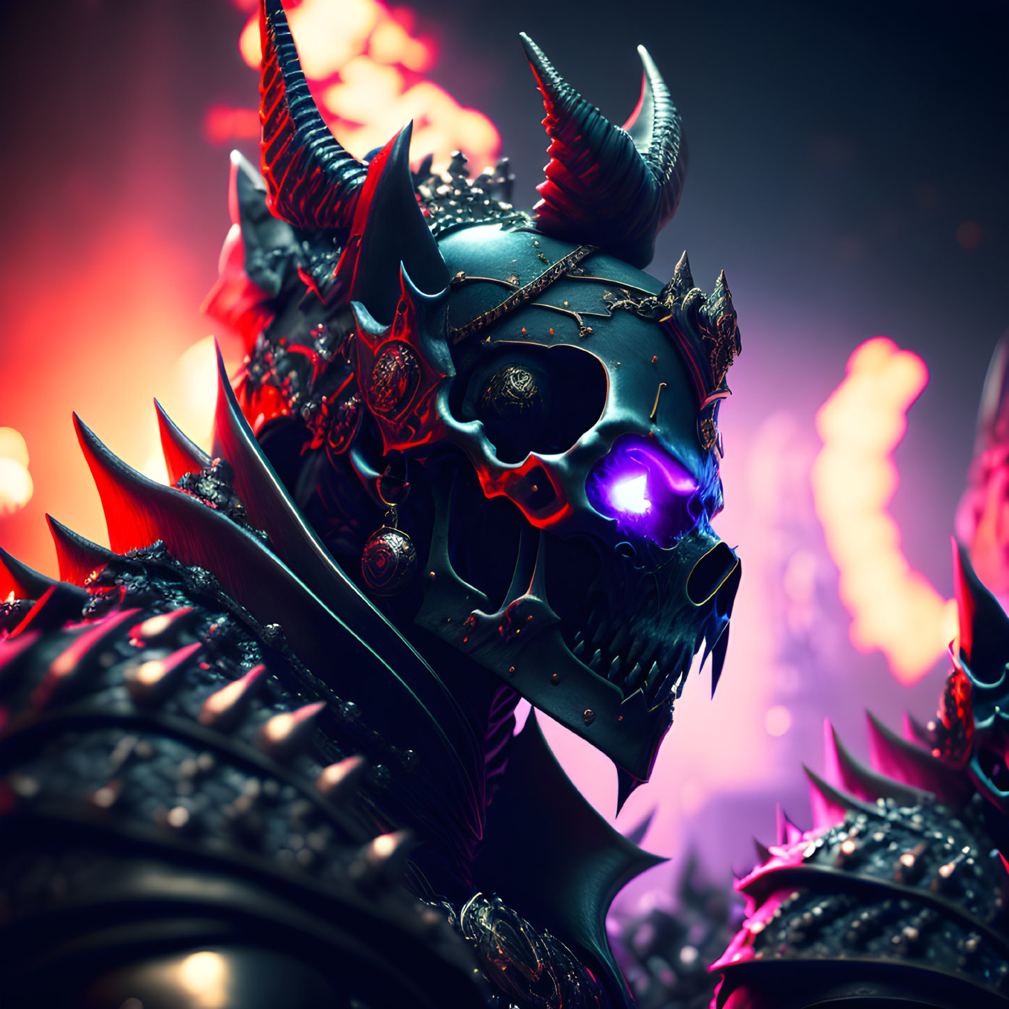 Sinister figure in demonic armor with glowing purple eyes on dark backdrop