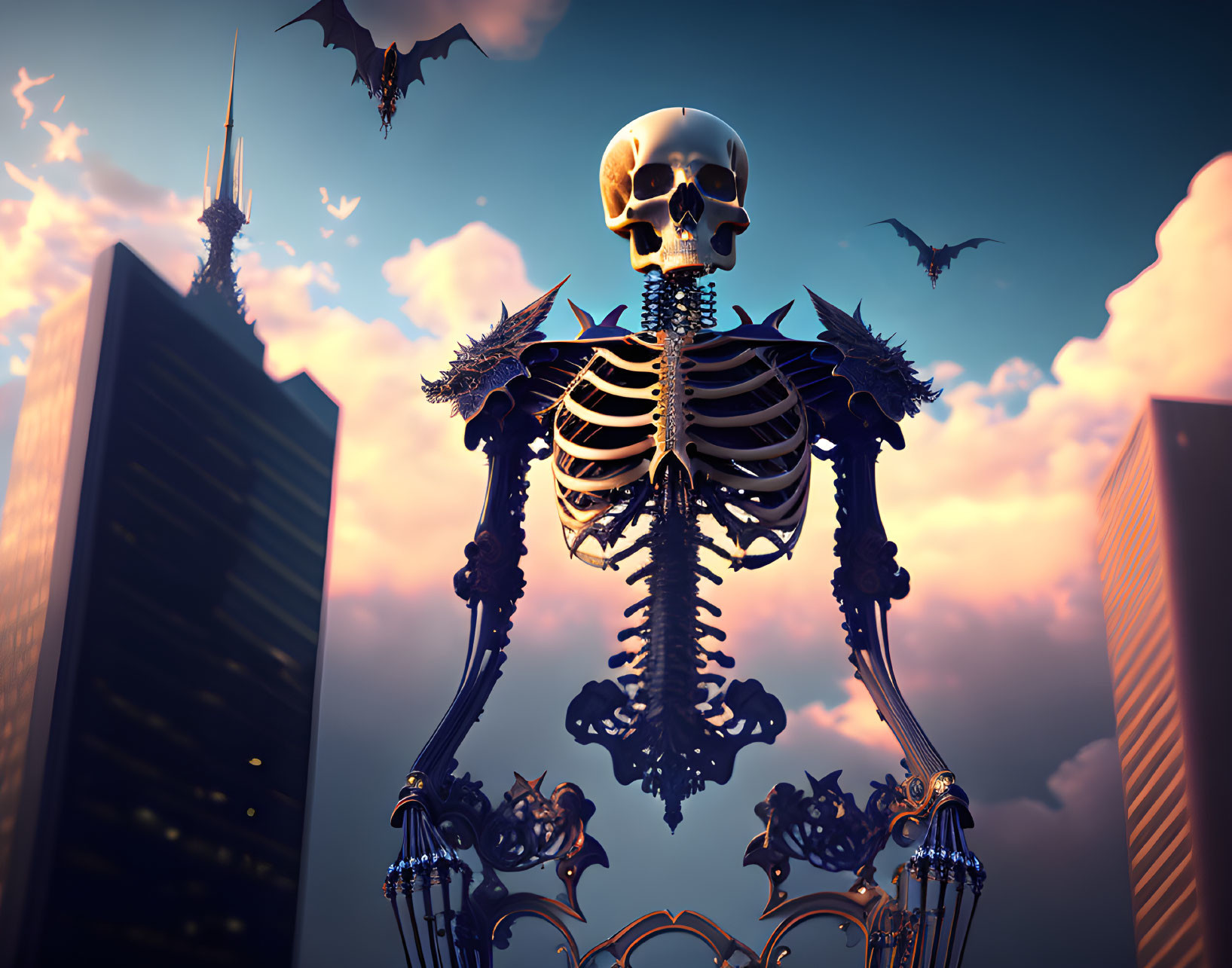 Ornate humanoid skeleton over cityscape with bats and skyscrapers