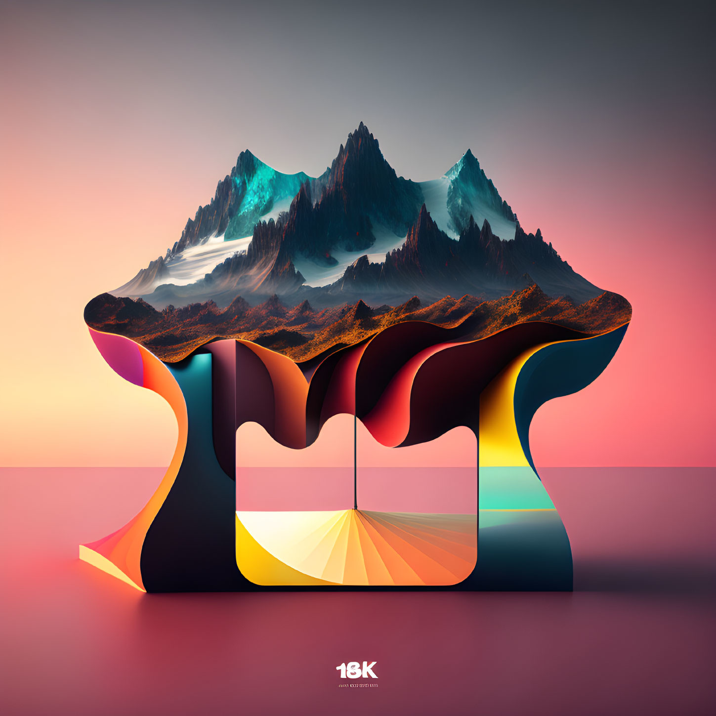 Surreal landscape with melting shapes, mountains, sunset, reflective surfaces, and stylized signature