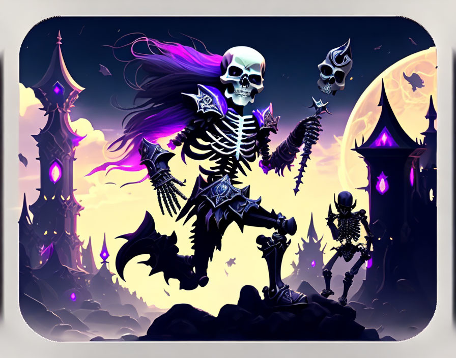 Fantasy landscape with skeletal figure, cape, crown, and castle