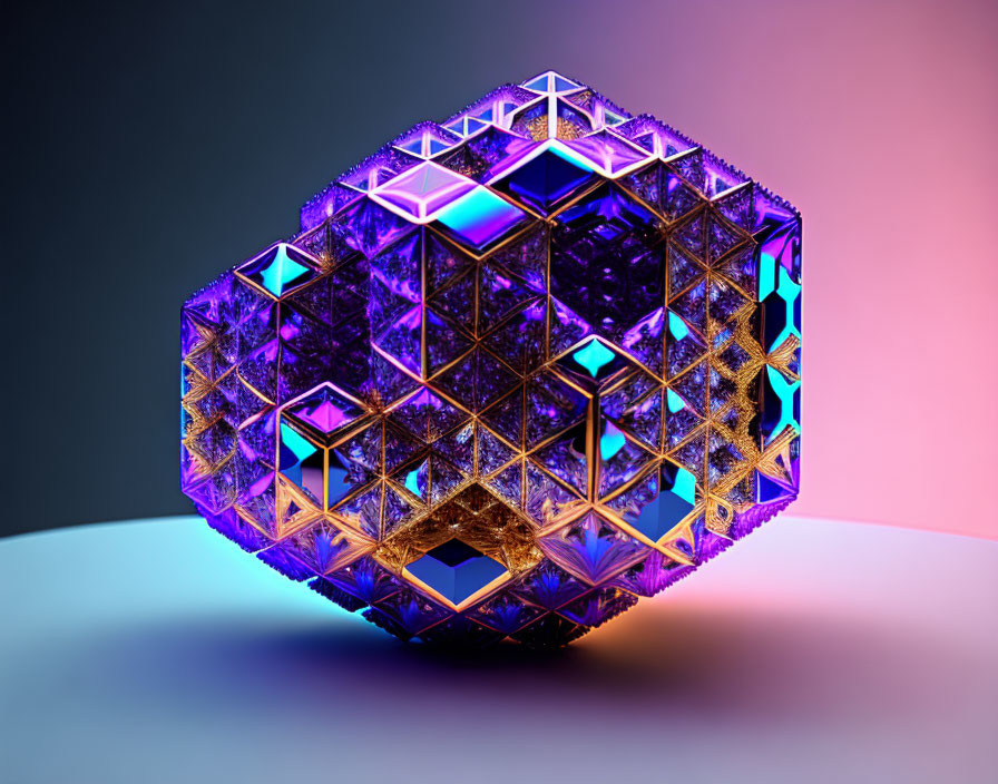 Colorful 3D geometric object on metallic frame against pink and blue backdrop