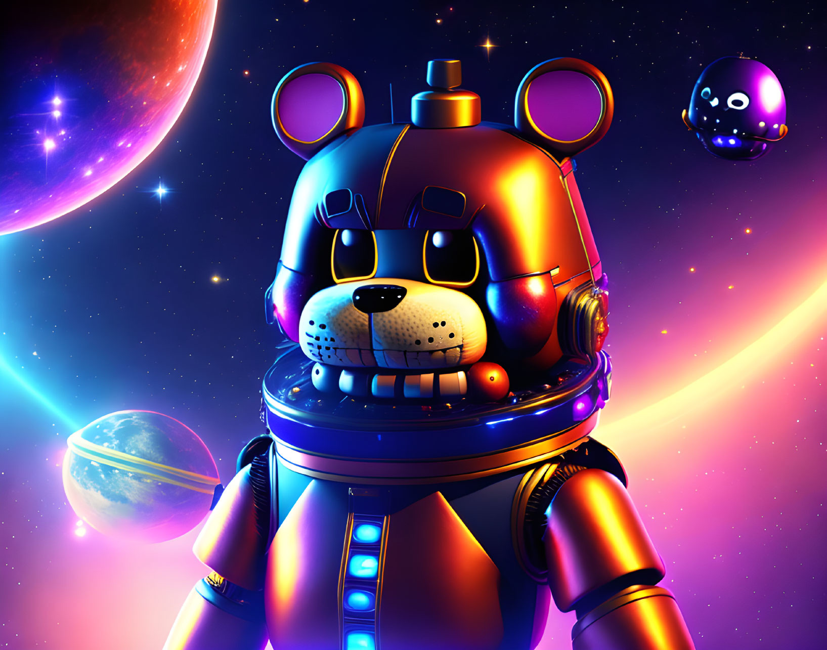 Robotic bear in space with helmet and planets in cosmic backdrop