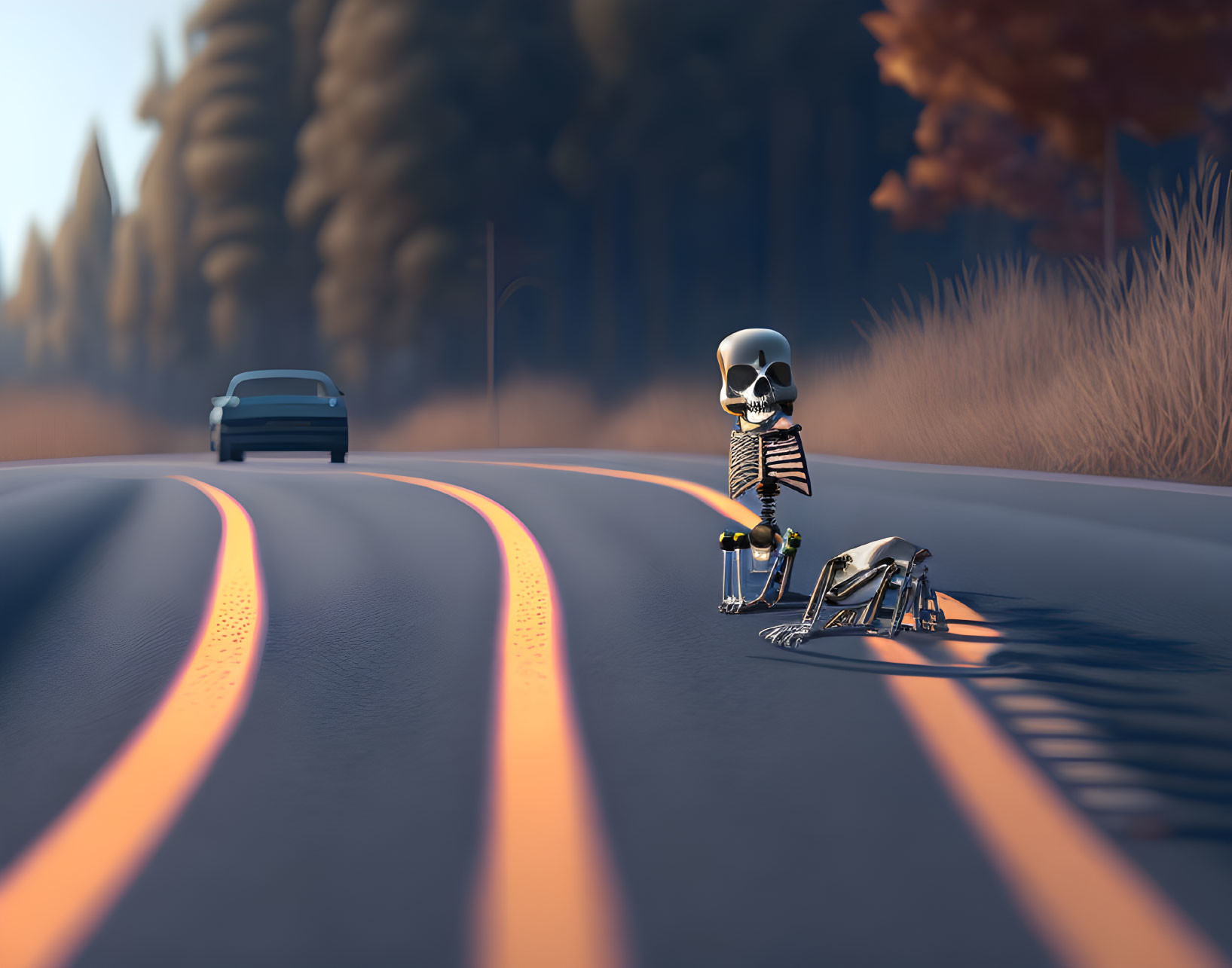 Skeleton sitting on road with bicycle and car in forest setting at sunset