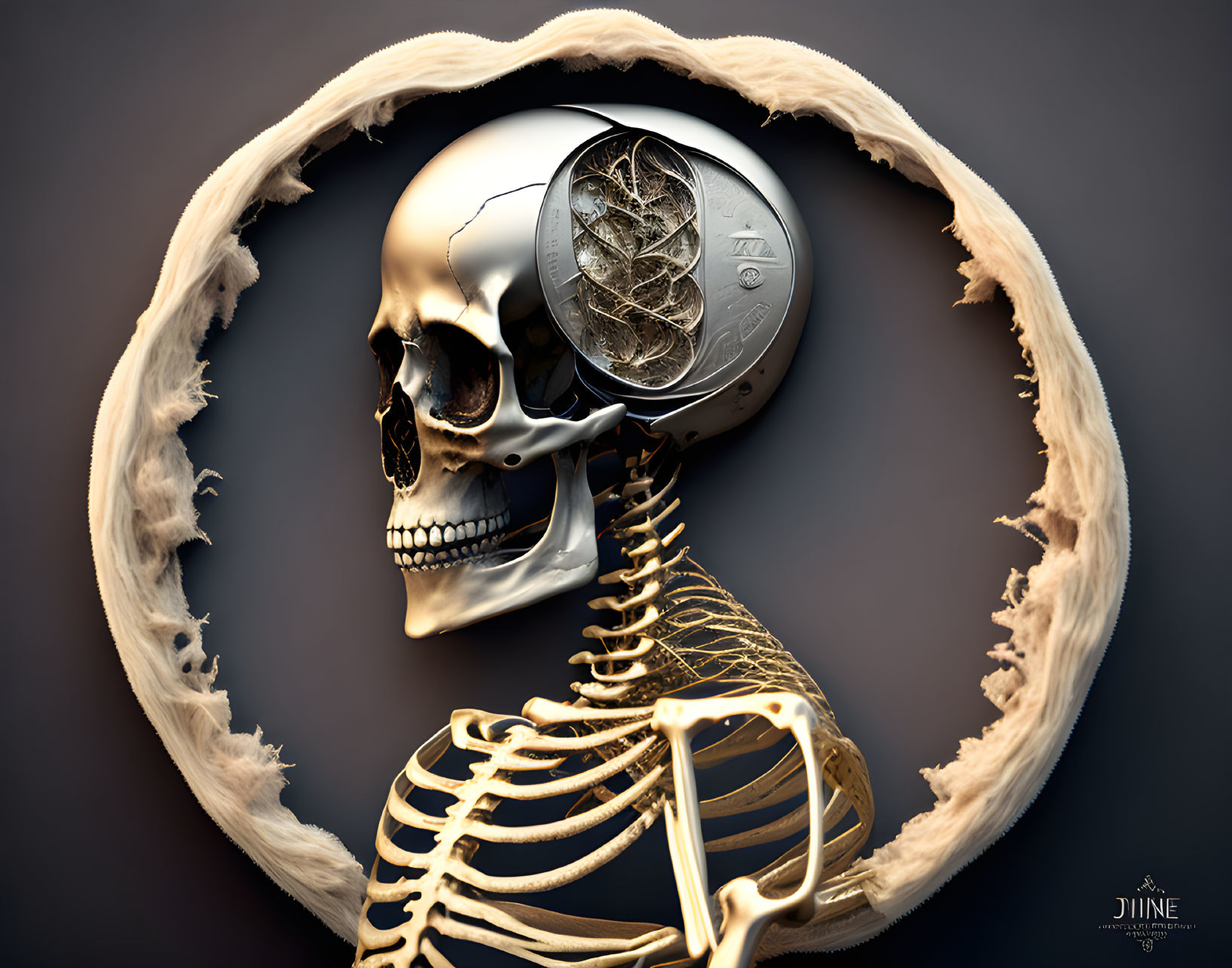 Skeletal figure with exposed mechanical brain parts in circular fractal design