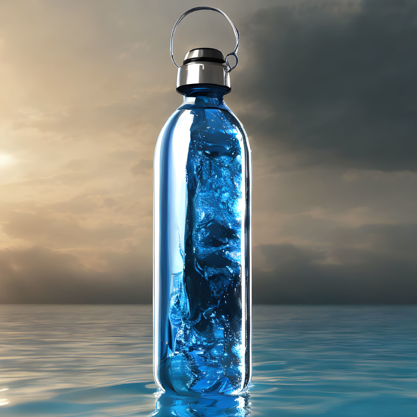 Translucent blue water bottle with swirling water against ocean backdrop