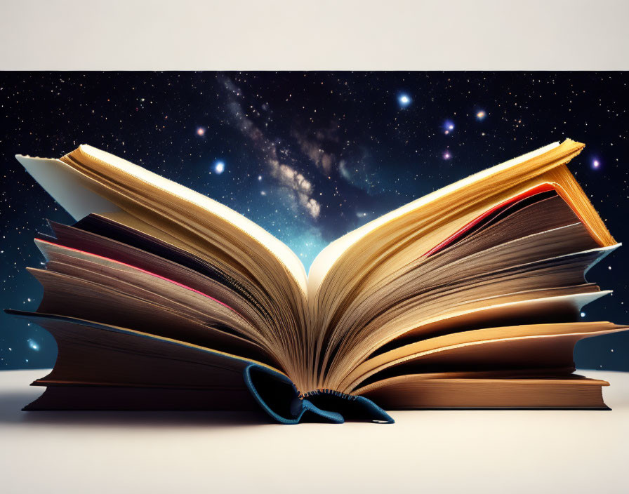 Open book with pages against starry sky backdrop symbolizing knowledge and cosmos.