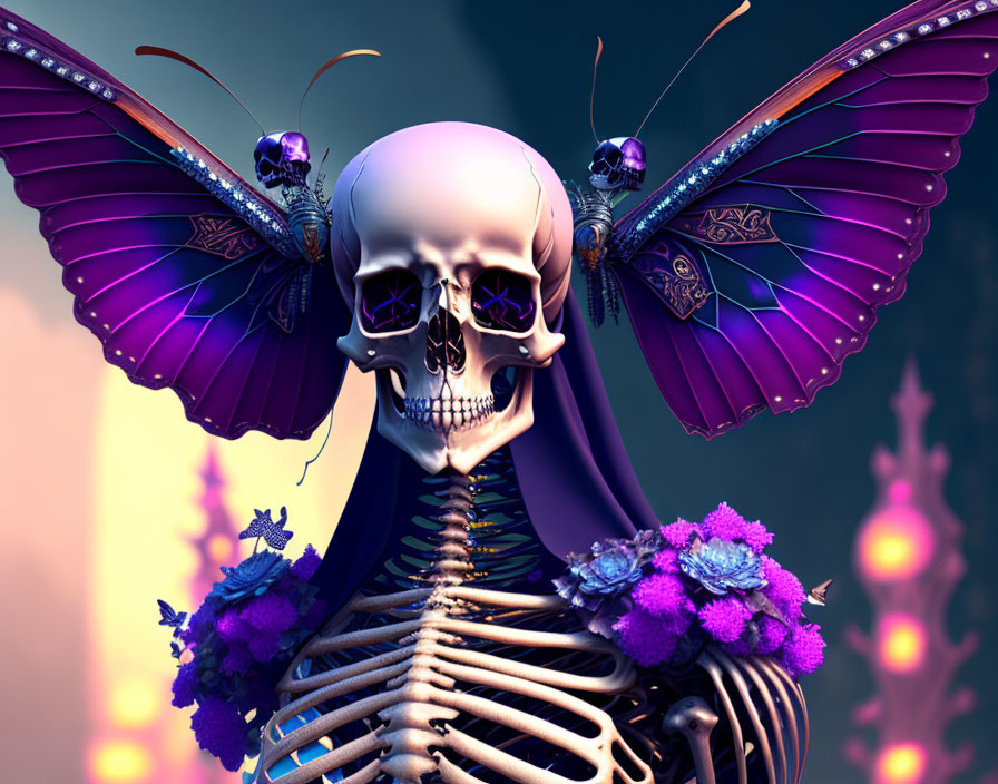 Surreal skeleton with butterfly wings and floral ribcage in fantasy setting