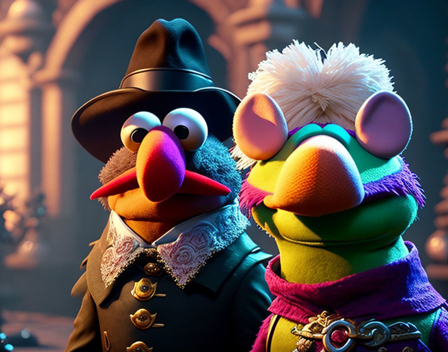 Muppet characters in detective attire and colorful spiky hairdo