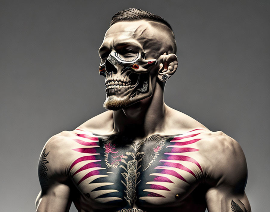 Muscular person with skull face paint and chest tattoos against grey background