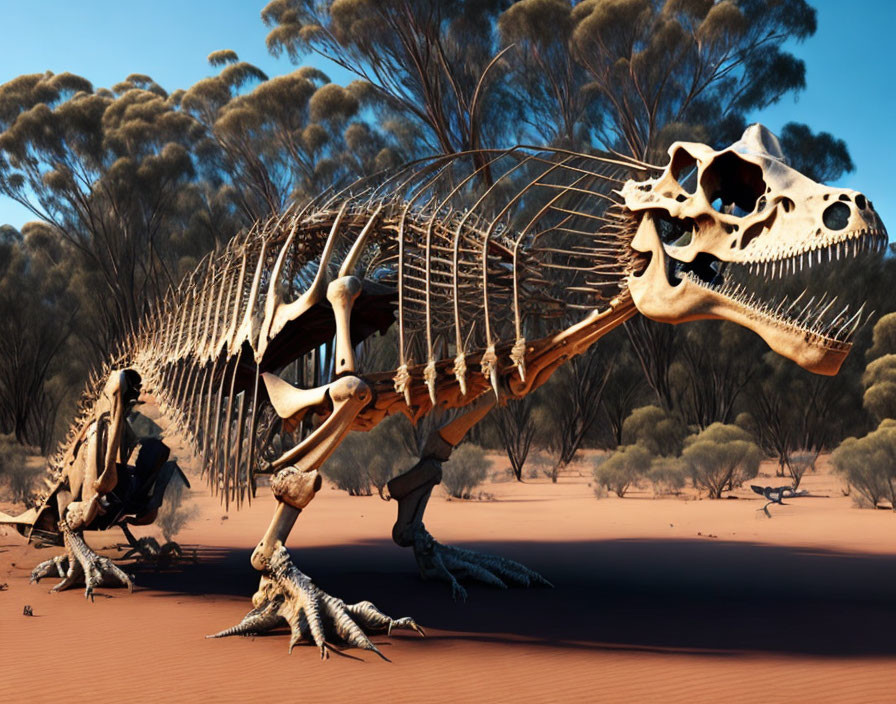 Dinosaur Skeletons in Desert Landscape