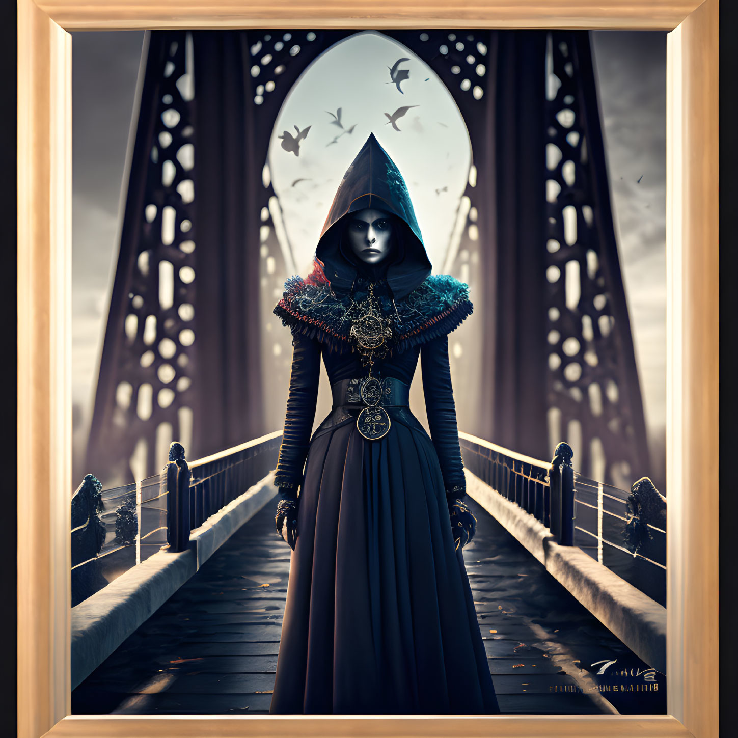 Mysterious figure in hooded cloak with ornate jewelry on bridge with flying birds