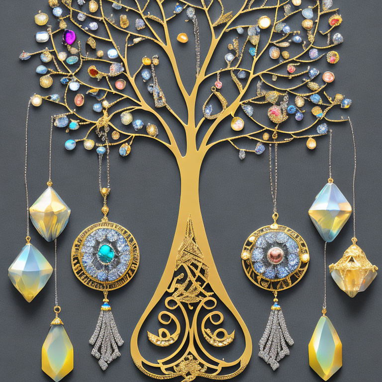 Golden Tree with Gemstones and Jeweled Pendants on Dark Background