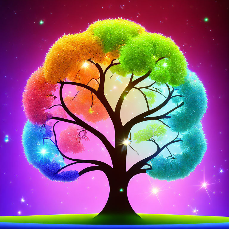 Colorful Tree with Luminous Leaves on Starry Night Sky