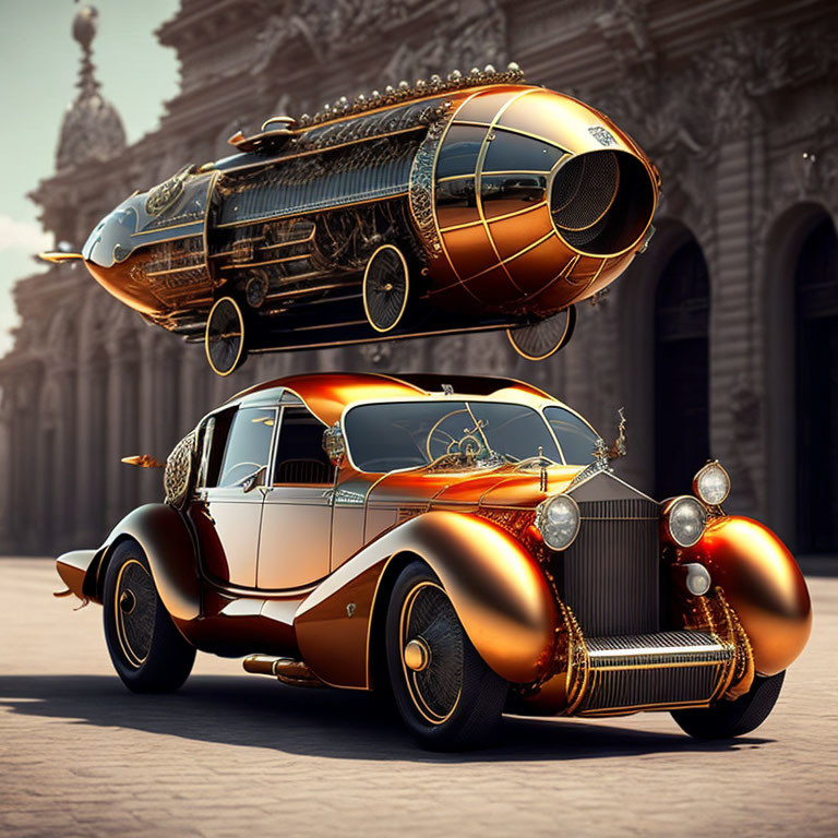 Retro-futuristic car and airship with steampunk designs in front of classical building