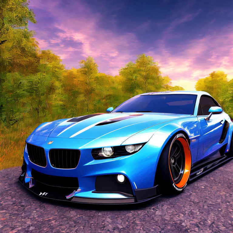 Vibrant blue sports car with black accents and custom rims near a forest at sunset