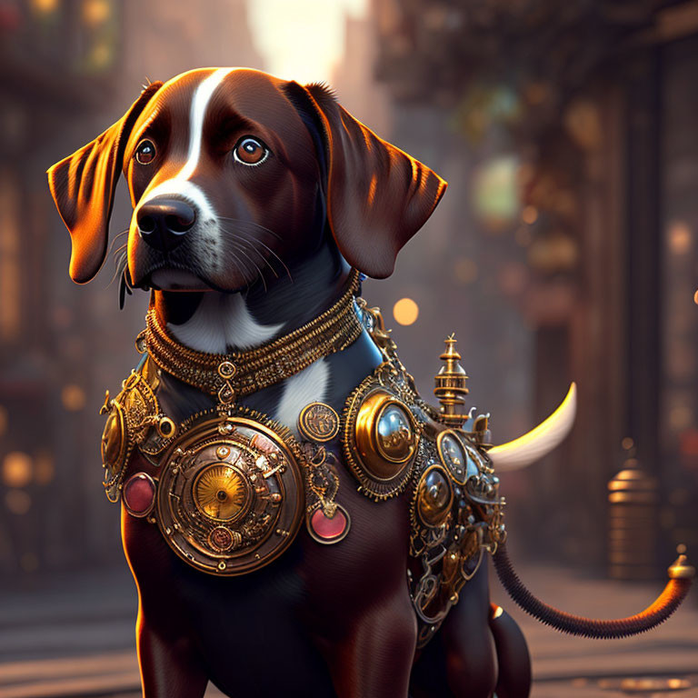 Regal dog wearing ornate golden jewelry in urban setting