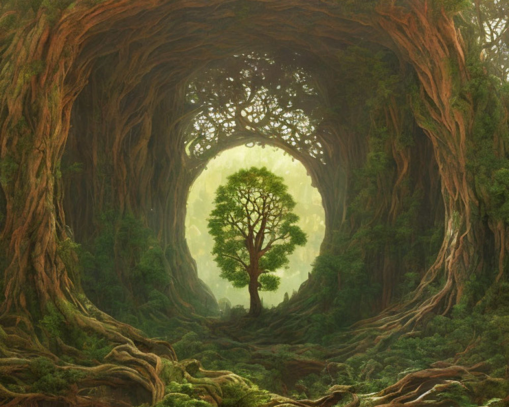 Enchanting forest scene with circular tunnel of intertwined tree trunks leading to illuminated tree