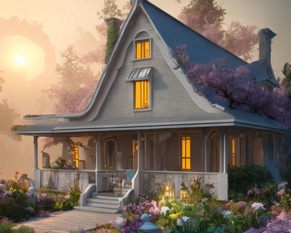 Quaint house with steep roof and warm lights in lush garden at sunset