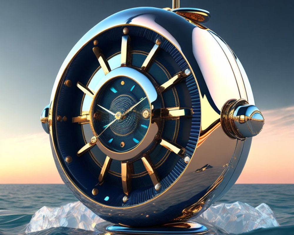 Futuristic submarine with illuminated central wheel on serene ocean at sunset