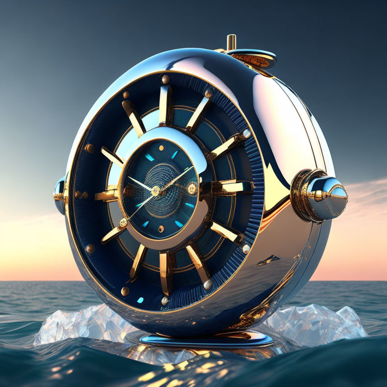 Futuristic submarine with illuminated central wheel on serene ocean at sunset