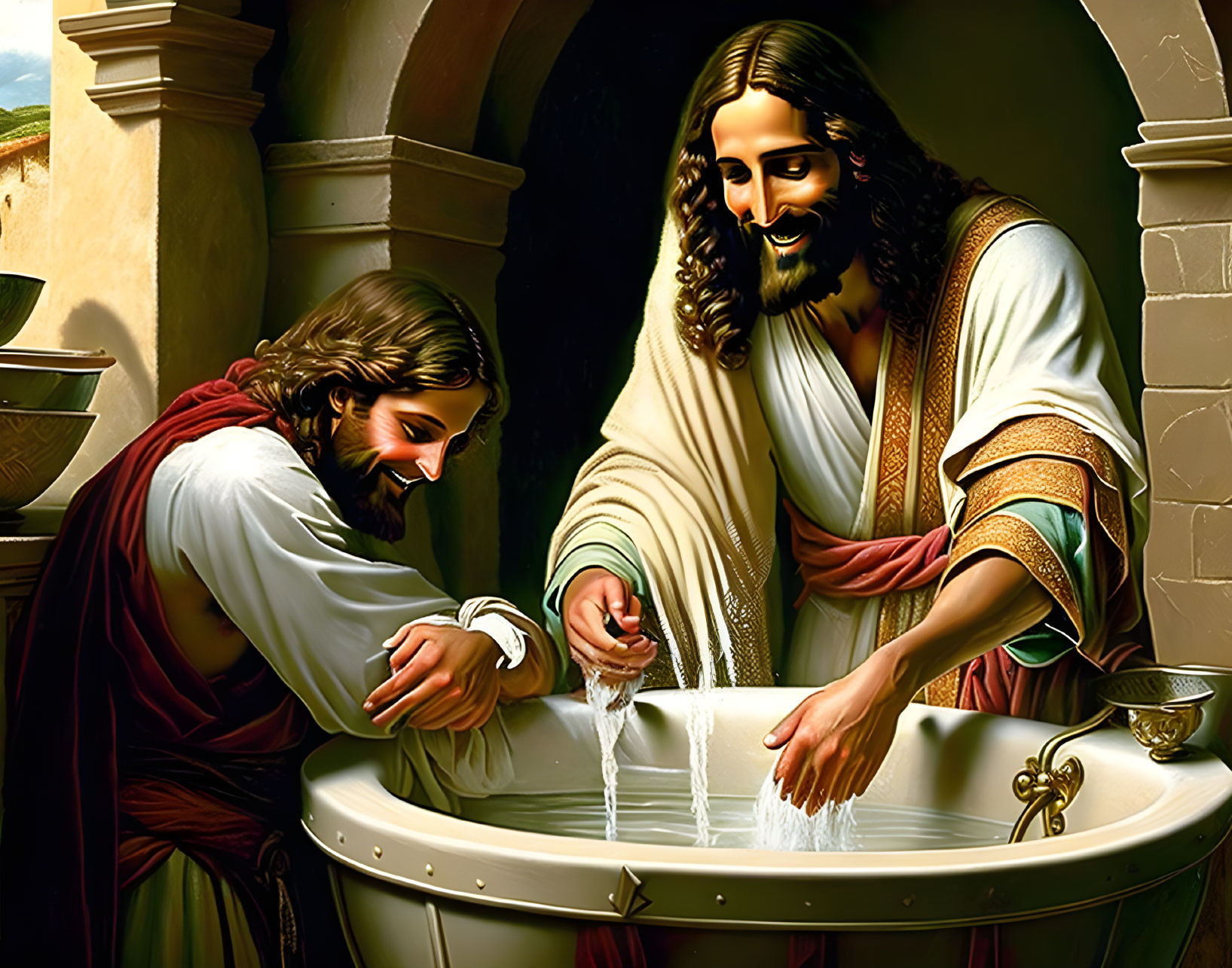 Historical illustration of two men washing hands in basin