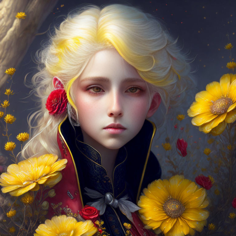 Digital portrait featuring pale skin, yellow flowers, dark ornate outfit with red floral details